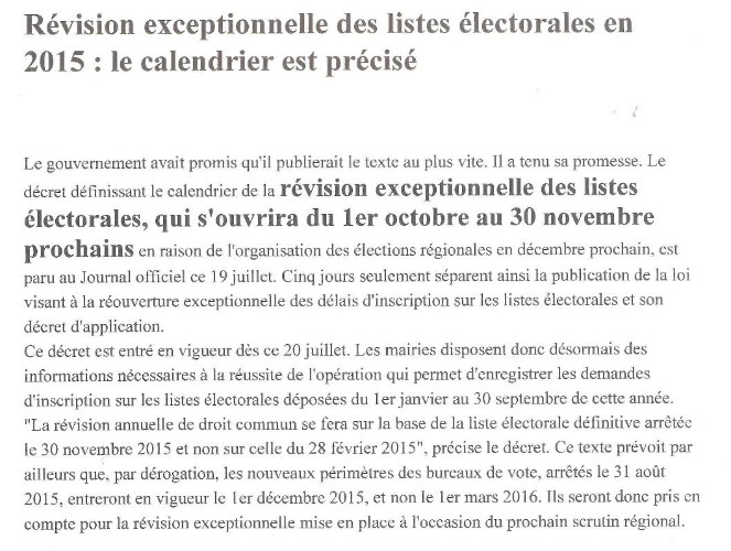 Révision exceptionnelle des listes électorales en 2015